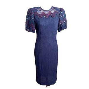 Vintage Leslie Fay Formal Plisse Navy Blue Embellished Dress Size 8